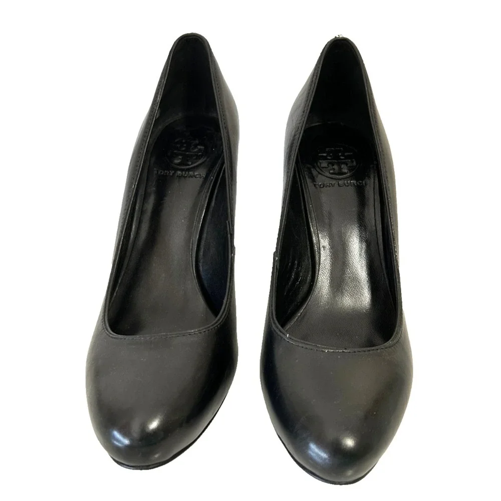 Tory Burch Black Leather Platform Pump Rounded Almond Toe Stiletto Heels 7.5 EUC